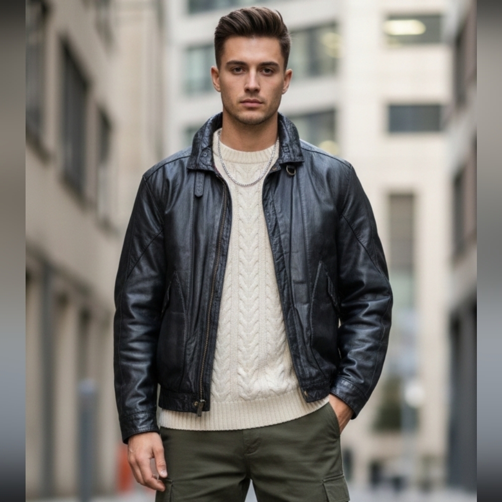 Vintage Leather Bomber Jacket, Black, Men's 48 Reg